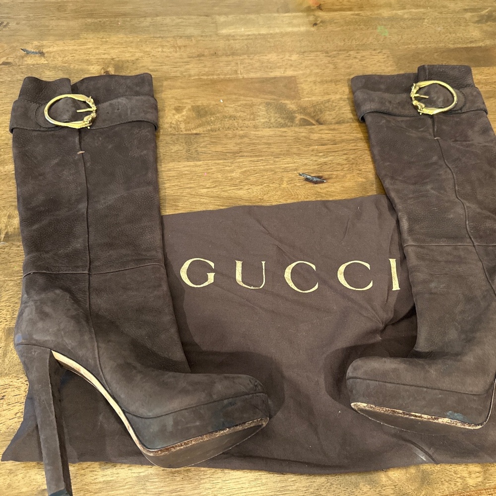 Gucci Brown Suede Knee-High Platform Boots Gold Horsebit Size 38.5